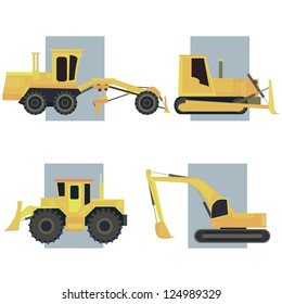 Set of simple icon of yellow tractors, bulldozers, excavators and grader on background rectangle.