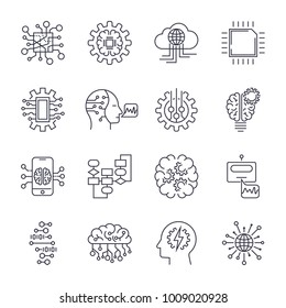 Set of simple icons of Artificial intellect, mind, technology,  AI Brain, AI CPU. Editable Stroke. EPS 10