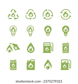 Set of simple icons of Biogas production stages, renewable energy and green environment. 