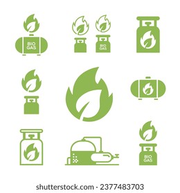 Set of simple icons of Biogas production stages, renewable energy and green environment