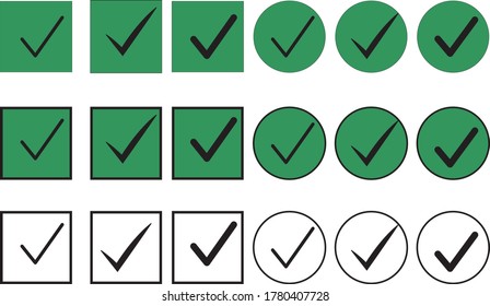 A set of simple icons: a black check mark of different shapes in a circle and a square, on a white and green background. Confirmation sign, correct choice, vote, isolated on white background.