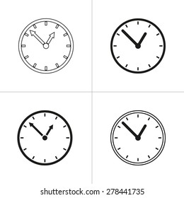 Set of simple icons black clock on white background. Vector illustration.