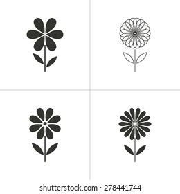 Set of simple icons black flower on white background. Vector illustration.