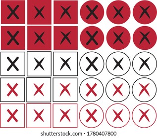 Eine Reihe einfacher Symbole: ein schwarz-rotes Kreuz verschiedener Formen in einem Kreis und ein Quadrat auf weißem und rotem Hintergrund. Negatives Zeichen, falsche Wahl, Abstimmung, einzeln auf weißem Hintergrund.
