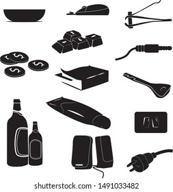 Set of simple icons, Bowl,mouse,Nail Clippers,Coins,left right up down keyboard arrows,book,jack,beers bottles,Plug,Speakers
