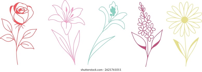 Conjunto de iconos simples de brotes de varias flores y ramas dibujadas con múltiples líneas multicolores en estilo de arte lineal, para logotipos y tatuajes