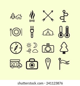 Set of simple icons for camping and traveling