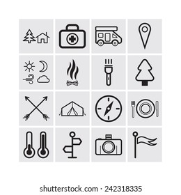 Set of simple icons for camping and traveling