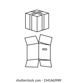 A set of simple icons with a cardboard box rewound with tape and a flattened cardboard box