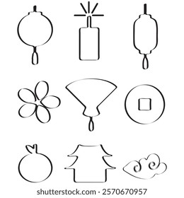 set of simple icons for Chinese New Year, namely coin, fireworks, fan, clouds and various lanterns drawn in original outline, for posters or other festive designs