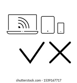 Set of simple icons with computer, tablet, tick and cross