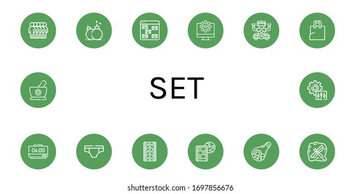 set simple icons set. Contains such icons as Users, Bomb, Email, Code, Robot, Plastic bag, Alarm clock, Underwear, Film strip, Global server, can be used for web, mobile and logo