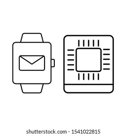 Set of simple icons with CPU and smartwatch with mail sign