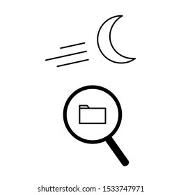 Set of simple icons with Crescent moon and magnifying glass looking for a folder