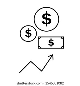 Set of simple icons with dollar and dollar signs and graph up.