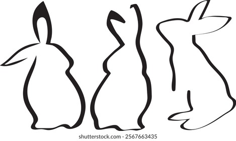 set of simple icons of easter bunny in different poses with long ears drawn with lines, for various logos or designs	