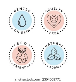 Conjunto de iconos simples. Eco amigable, natural, sin crueldad y suave en los íconos de la piel. Colocación de stickers naturales orgánicos. 