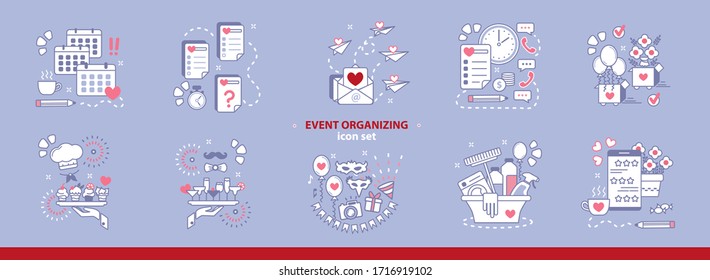 Set of simple icons for event organizing agency, party service concept. Planning, checklists, schedule, invitations, flower decor orders, bar and buffet, cleaning, entertainment, full satisfaction.