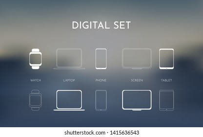 A set of simple icons in a flat style. Computer, laptop, tablet, smartphone and smart watch. Objects on a blurry background
