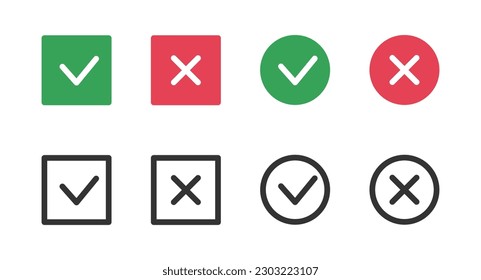 Set of simple icons: green check mark and red cross. Vector illustration.