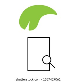Set of simple icons with a green leaf from a tree and paper with a magnifying glass