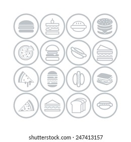 Set of simple icons with hamburgers, sandwiches and pizza  for web design, sites, menu, restaurants, applications and stickers
