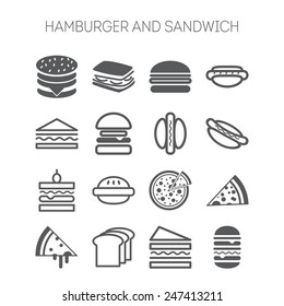Set of simple icons with hamburgers, sandwiches and pizza  for web design, sites, menu, restaurants, applications and stickers