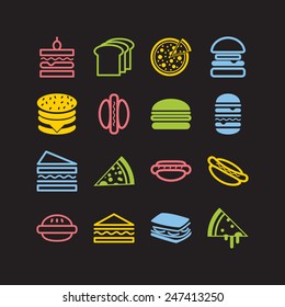 Set of simple icons with hamburgers, sandwiches and pizza  for web design, sites, menu, restaurants, applications and stickers