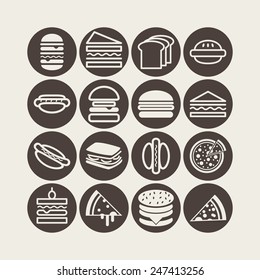 Set of simple icons with hamburgers, sandwiches and pizza  for web design, sites, menu, restaurants, applications and stickers