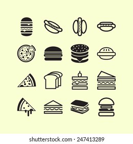 Set of simple icons with hamburgers, sandwiches and pizza  for web design, sites, menu, restaurants, applications and stickers