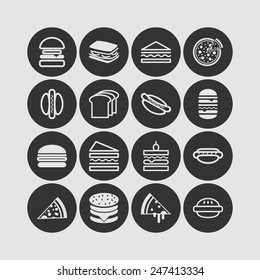 Set of simple icons with hamburgers, sandwiches and pizza  for web design, sites, menu, restaurants, applications and stickers