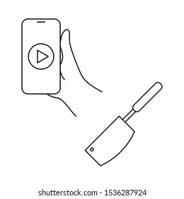 Set of simple icons with hand with phone, play sign and cleaver