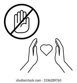 A set of simple icons with a hand stop sign and the hands holding a heart