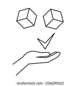Set of simple icons with a hand with a tick and two cubes