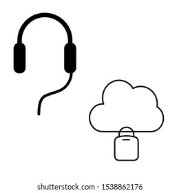 Set of simple icons with headphones and cloud with lock