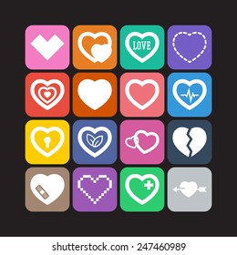 Set of simple icons with heart for Valentine's day, web design, sites, applications, games and stickers