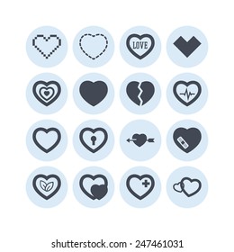 Set of simple icons with heart for Valentine's day, web design, sites, applications, games and stickers