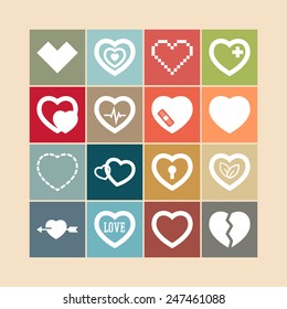 Set of simple icons with heart for Valentine's day, web design, sites, applications, games and stickers