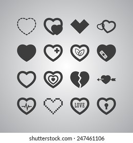 Set of simple icons with heart for Valentine's day, web design, sites, applications, games and stickers