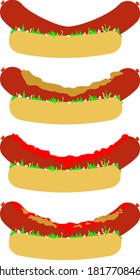 Juego de íconos simples de perritos calientes con salchicha y ensalada increíblemente grandes