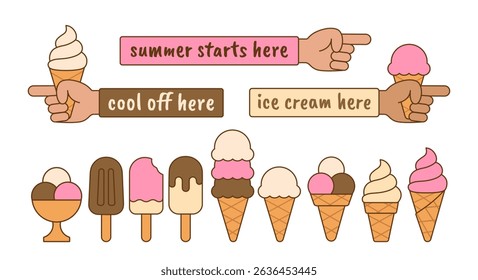 Set of simple icons ice creame, hand, arm pointing the way, road to the store, signpost with gelato. Gesture with index finger. Cool off here. Isolated drawn flat style vector EPS10