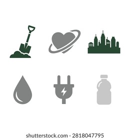 Set of simple icons including a shovel digging, heart with orbit, city skyline, water droplet, power plug, and bottle. Modern design elements.