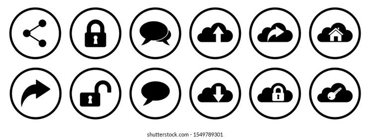 Set of simple icons isolated on white background, share, secure, communicate and cloud computing