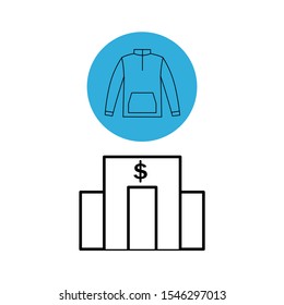 Set of simple icons with jacket, anorca and bank logo with dollar