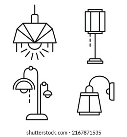 Set of simple icons. Lamps and lighting fixtures. Line Vector.