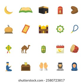 A set of simple icons with lanterns, mosques, crescent moons, quran, Ka'ba, dates etc