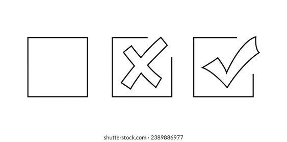 Set simple icons line Yes No Approved Disapproved filled boxes Accepted Rejected Right Wrong Correct False Ok Not Ok Vector Check mark collection checkmarks crosses blank checkbox line editable stroke