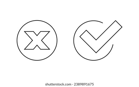 Set simple icons line Yes No, Approved Disapproved, filled boxes Accepted Rejected, Right Wrong, Correct False, Ok Not Ok. Vector Check mark collection checkmarks and crosses blank and checkbox line