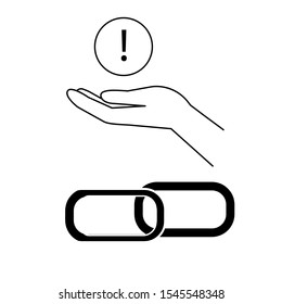 Set of simple icons with Linked symbol and hand with exclamation mark