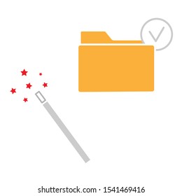 A set of simple icons with a magic wand and a folder with a check mark